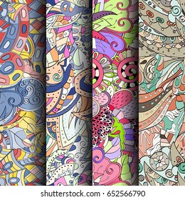 Set of tracery colorful seamless patterns. Vertical stripes. Curved doodling backgrounds for textile or printing with mehndi and ethnic motives. Vector