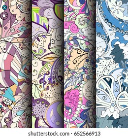 Set of tracery colorful seamless patterns. Vertical stripes. Curved doodling backgrounds for textile or printing with mehndi and ethnic motives. Vector