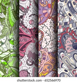 Set of tracery colorful seamless patterns. Vertical stripes. Curved doodling backgrounds for textile or printing with mehndi and ethnic motives. Vector