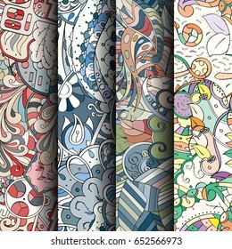 Set of tracery colorful seamless patterns. Vertical stripes. Curved doodling backgrounds for textile or printing with mehndi and ethnic motives. Vector
