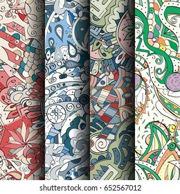 Set of tracery colorful seamless patterns. Vertical stripes. Curved doodling backgrounds for textile or printing with mehndi and ethnic motives. Vector