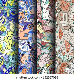 Set of tracery colorful seamless patterns. Vertical stripes. Curved doodling backgrounds for textile or printing with mehndi and ethnic motives. Vector