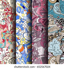 Set of tracery colorful seamless patterns. Vertical stripes. Curved doodling backgrounds for textile or printing with mehndi and ethnic motives. Vector