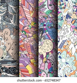 Set of tracery colorful seamless patterns. Vertical stripes. Curved doodling backgrounds for textile or printing with mehndi and ethnic motives. Vector