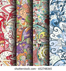Set of tracery colorful seamless patterns. Vertical stripes. Curved doodling backgrounds for textile or printing with mehndi and ethnic motives. Vector