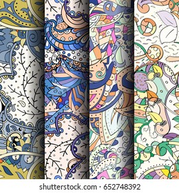 Set of tracery colorful seamless patterns. Vertical stripes. Curved doodling backgrounds for textile or printing with mehndi and ethnic motives. Vector