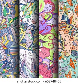 Set of tracery colorful seamless patterns. Vertical stripes. Curved doodling backgrounds for textile or printing with mehndi and ethnic motives. Vector