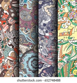 Set of tracery colorful seamless patterns. Vertical stripes. Curved doodling backgrounds for textile or printing with mehndi and ethnic motives. Vector