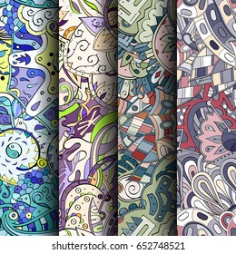Set of tracery colorful seamless patterns. Vertical stripes. Curved doodling backgrounds for textile or printing with mehndi and ethnic motives. Vector