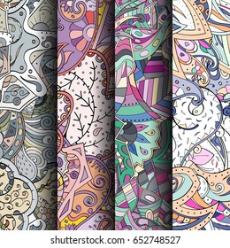 Set of tracery colorful seamless patterns. Vertical stripes. Curved doodling backgrounds for textile or printing with mehndi and ethnic motives. Vector