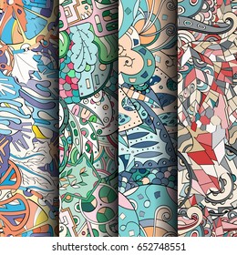 Set of tracery colorful seamless patterns. Vertical stripes. Curved doodling backgrounds for textile or printing with mehndi and ethnic motives. Vector