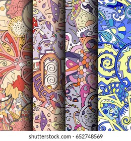 Set of tracery colorful seamless patterns. Vertical stripes. Curved doodling backgrounds for textile or printing with mehndi and ethnic motives. Vector