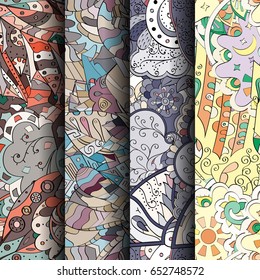Set of tracery colorful seamless patterns. Vertical stripes. Curved doodling backgrounds for textile or printing with mehndi and ethnic motives. Vector