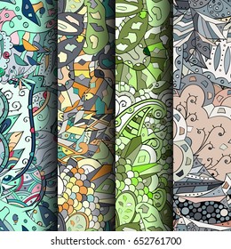 Set of tracery colorful seamless patterns. Vertical stripes. Curved doodling backgrounds for textile or printing with mehndi and ethnic motives. Vector