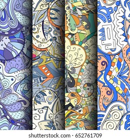 Set of tracery colorful seamless patterns. Vertical stripes. Curved doodling backgrounds for textile or printing with mehndi and ethnic motives. Vector