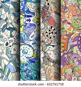 Set of tracery colorful seamless patterns. Vertical stripes. Curved doodling backgrounds for textile or printing with mehndi and ethnic motives. Vector
