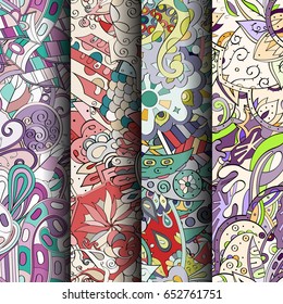 Set of tracery colorful seamless patterns. Vertical stripes. Curved doodling backgrounds for textile or printing with mehndi and ethnic motives. Vector