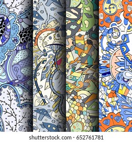 Set of tracery colorful seamless patterns. Vertical stripes. Curved doodling backgrounds for textile or printing with mehndi and ethnic motives. Vector