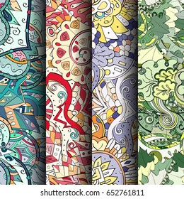 Set of tracery colorful seamless patterns. Vertical stripes. Curved doodling backgrounds for textile or printing with mehndi and ethnic motives. Vector