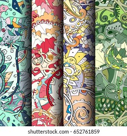 Set of tracery colorful seamless patterns. Vertical stripes. Curved doodling backgrounds for textile or printing with mehndi and ethnic motives. Vector