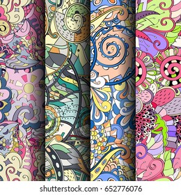 Set of tracery colorful seamless patterns. Vertical stripes. Curved doodling backgrounds for textile or printing with mehndi and ethnic motives. Vector
