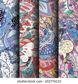 Set of tracery colorful seamless patterns. Vertical stripes. Curved doodling backgrounds for textile or printing with mehndi and ethnic motives. Vector