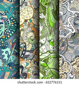 Set of tracery colorful seamless patterns. Vertical stripes. Curved doodling backgrounds for textile or printing with mehndi and ethnic motives. Vector