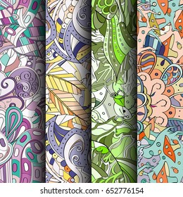 Set of tracery colorful seamless patterns. Vertical stripes. Curved doodling backgrounds for textile or printing with mehndi and ethnic motives. Vector