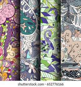 Set of tracery colorful seamless patterns. Vertical stripes. Curved doodling backgrounds for textile or printing with mehndi and ethnic motives. Vector