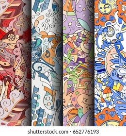 Set of tracery colorful seamless patterns. Vertical stripes. Curved doodling backgrounds for textile or printing with mehndi and ethnic motives. Vector
