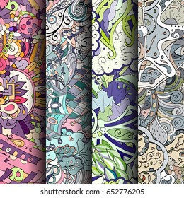 Set of tracery colorful seamless patterns. Vertical stripes. Curved doodling backgrounds for textile or printing with mehndi and ethnic motives. Vector