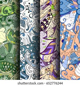Set of tracery colorful seamless patterns. Vertical stripes. Curved doodling backgrounds for textile or printing with mehndi and ethnic motives. Vector