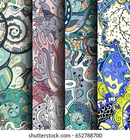 Set of tracery colorful seamless patterns. Vertical stripes. Curved doodling backgrounds for textile or printing with mehndi and ethnic motives. Vector