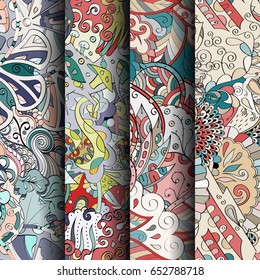 Set of tracery colorful seamless patterns. Vertical stripes. Curved doodling backgrounds for textile or printing with mehndi and ethnic motives. Vector
