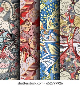 Set of tracery colorful seamless patterns. Vertical stripes. Curved doodling backgrounds for textile or printing with mehndi and ethnic motives. Vector