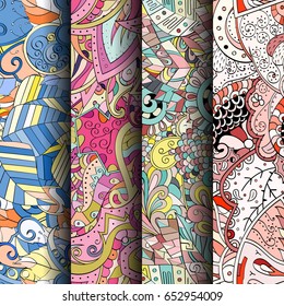 Set of tracery colorful seamless patterns. Vertical stripes. Curved doodling backgrounds for textile or printing with mehndi and ethnic motives. Vector