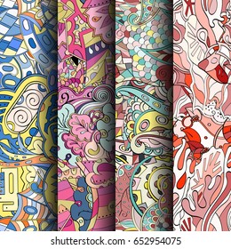 Set of tracery colorful seamless patterns. Vertical stripes. Curved doodling backgrounds for textile or printing with mehndi and ethnic motives. Vector