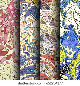 Set of tracery colorful seamless patterns. Vertical stripes. Curved doodling backgrounds for textile or printing with mehndi and ethnic motives. Vector