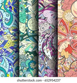 Set of tracery colorful seamless patterns. Vertical stripes. Curved doodling backgrounds for textile or printing with mehndi and ethnic motives. Vector