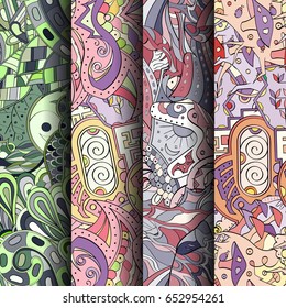 Set of tracery colorful seamless patterns. Vertical stripes. Curved doodling backgrounds for textile or printing with mehndi and ethnic motives. Vector