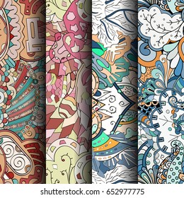 Set of tracery colorful seamless patterns. Vertical stripes. Curved doodling backgrounds for textile or printing with mehndi and ethnic motives. Vector