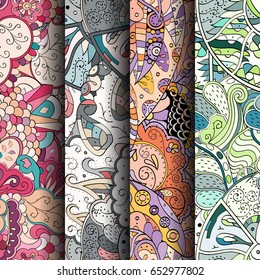 Set of tracery colorful seamless patterns. Vertical stripes. Curved doodling backgrounds for textile or printing with mehndi and ethnic motives. Vector