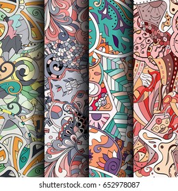 Set of tracery colorful seamless patterns. Vertical stripes. Curved doodling backgrounds for textile or printing with mehndi and ethnic motives. Vector