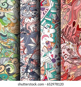 Set of tracery colorful seamless patterns. Vertical stripes. Curved doodling backgrounds for textile or printing with mehndi and ethnic motives. Vector
