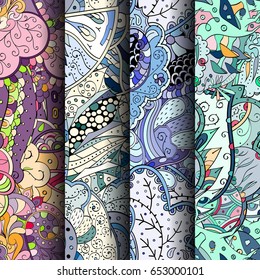 Set of tracery colorful seamless patterns. Vertical stripes. Curved doodling backgrounds for textile or printing with mehndi and ethnic motives. Vector