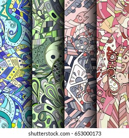 Set of tracery colorful seamless patterns. Vertical stripes. Curved doodling backgrounds for textile or printing with mehndi and ethnic motives. Vector