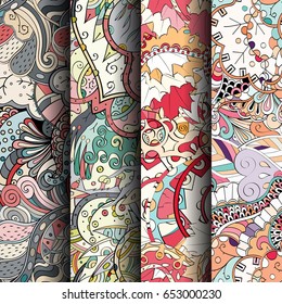 Set of tracery colorful seamless patterns. Vertical stripes. Curved doodling backgrounds for textile or printing with mehndi and ethnic motives. Vector