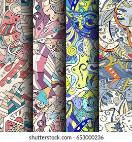 Set of tracery colorful seamless patterns. Vertical stripes. Curved doodling backgrounds for textile or printing with mehndi and ethnic motives. Vector