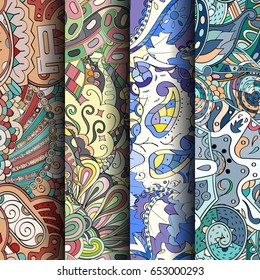 Set of tracery colorful seamless patterns. Vertical stripes. Curved doodling backgrounds for textile or printing with mehndi and ethnic motives. Vector