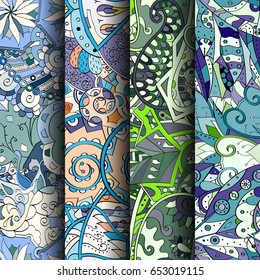 Set of tracery colorful seamless patterns. Vertical stripes. Curved doodling backgrounds for textile or printing with mehndi and ethnic motives. Vector